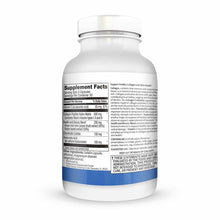 White supplement bottle with blue band containing collagen peptides capsules, displaying nutrition label and ingredient infor
