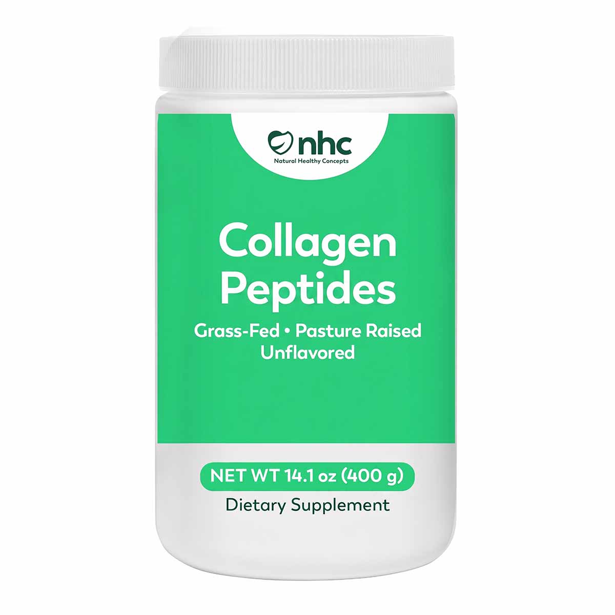 NHC Collagen Peptides powder in green and white container, 14.1 oz, grass-fed and pasture raised, unflavored dietary suppleme