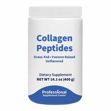White jar with blue text reading "Collagen Peptides, Grass-Fed Pasture Raised Unflavored, 14.1 oz" and Professional Supplemen