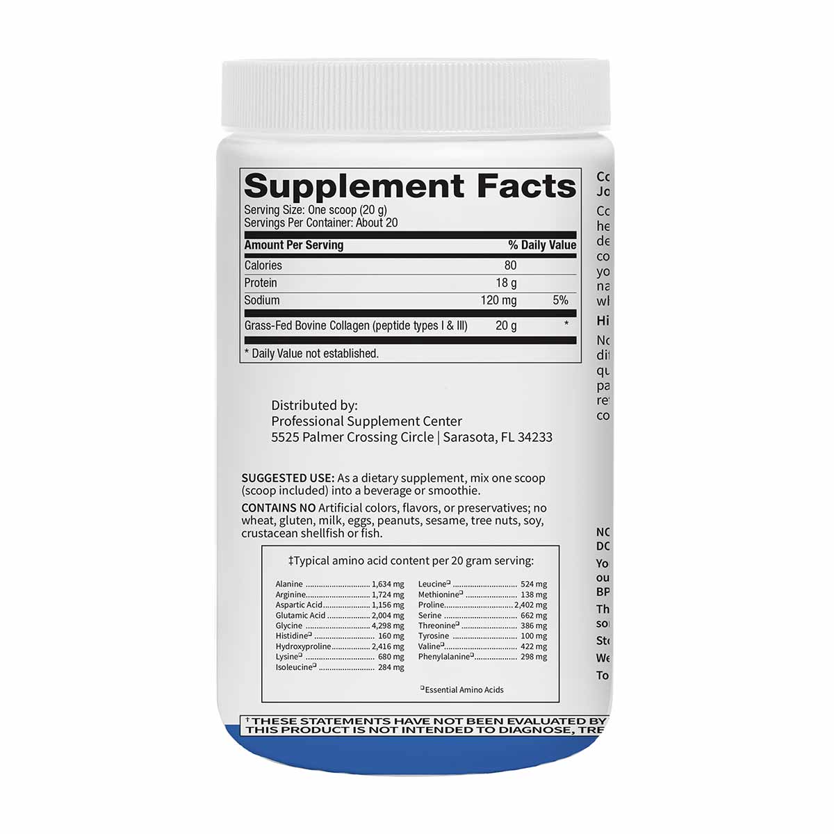 White plastic container with white screw cap showing Supplement Facts label for grass-fed bovine collagen peptides powder.
