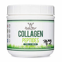 White container of Double Wood Supplements collagen peptides powder with green label and cow illustration.
