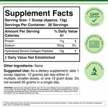 Supplement Facts label for collagen peptides powder showing 12g hydrolyzed bovine collagen peptides per 1-scoop serving with 