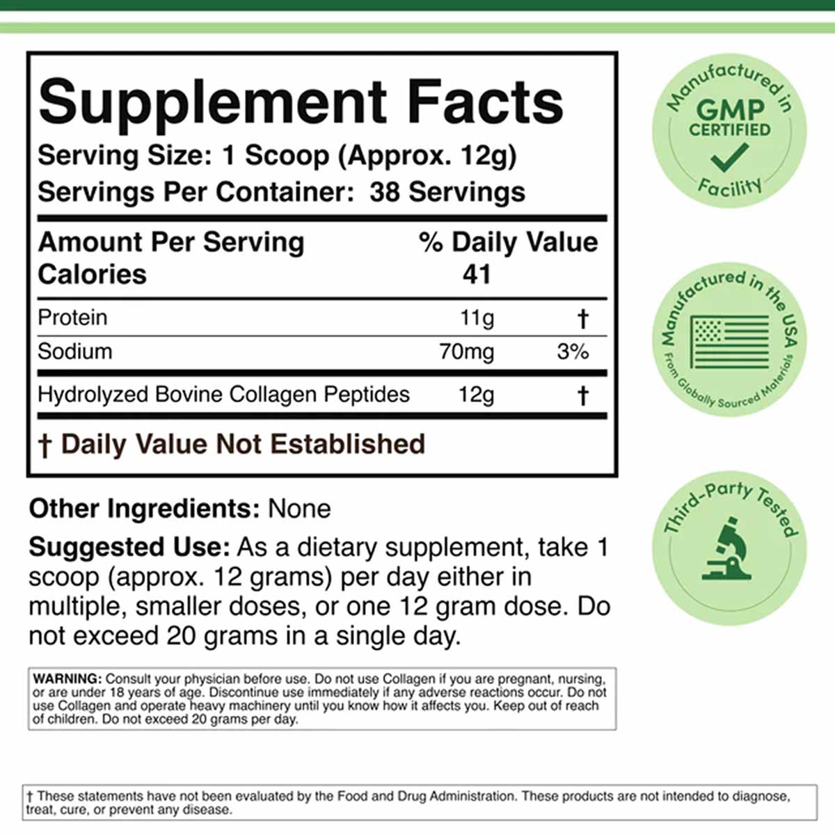 Supplement Facts label for collagen peptides powder showing 12g hydrolyzed bovine collagen peptides per 1-scoop serving with 