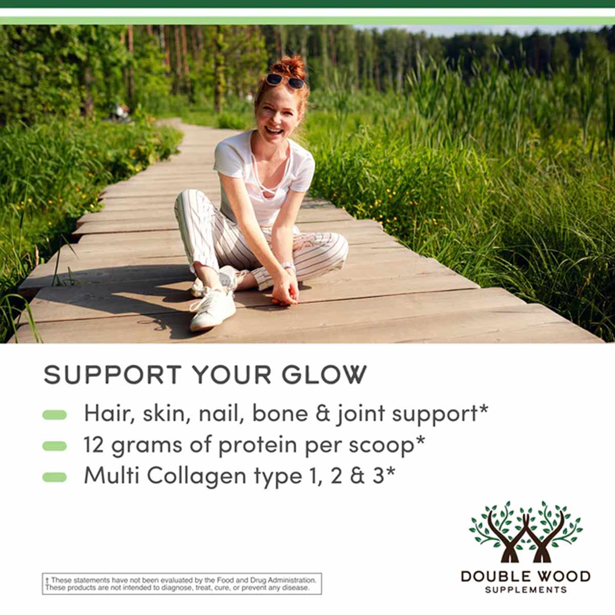 Woman sitting on wooden boardwalk with green marsh landscape, promoting collagen peptides supplement benefits.
