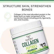 White container of Double Wood Supplements Collagen Peptides Powder with green and white label and white lid.