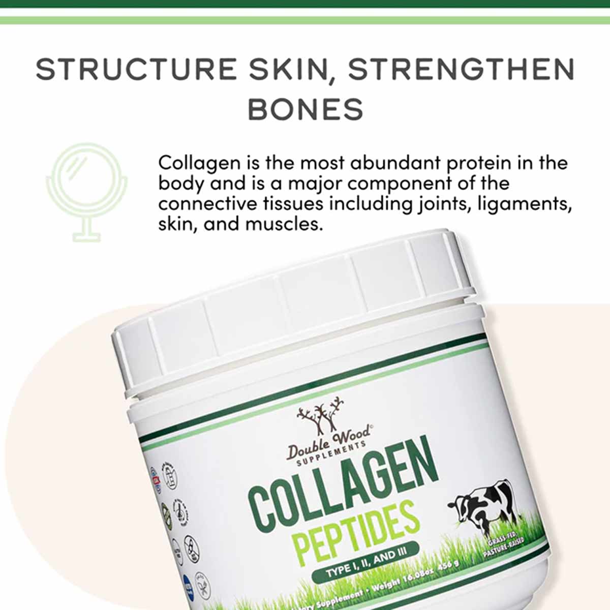 White container of Double Wood Supplements Collagen Peptides Powder with green and white label and white lid.