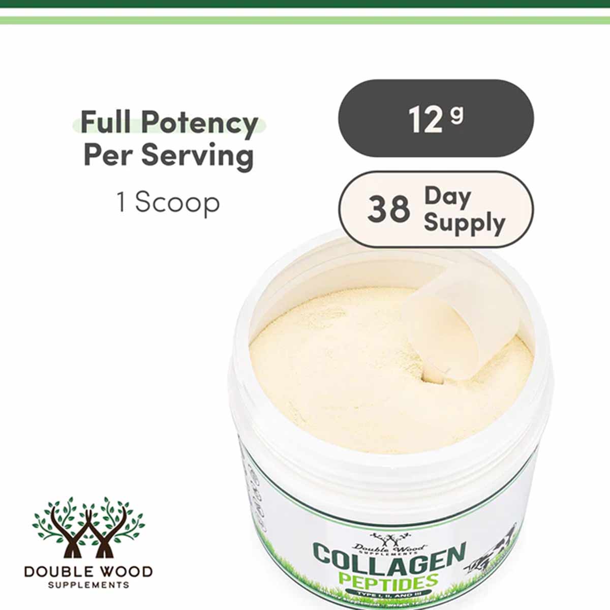 White container of Double Wood Supplements collagen peptides powder with scoop, labeled 12g per serving and 38 day supply.