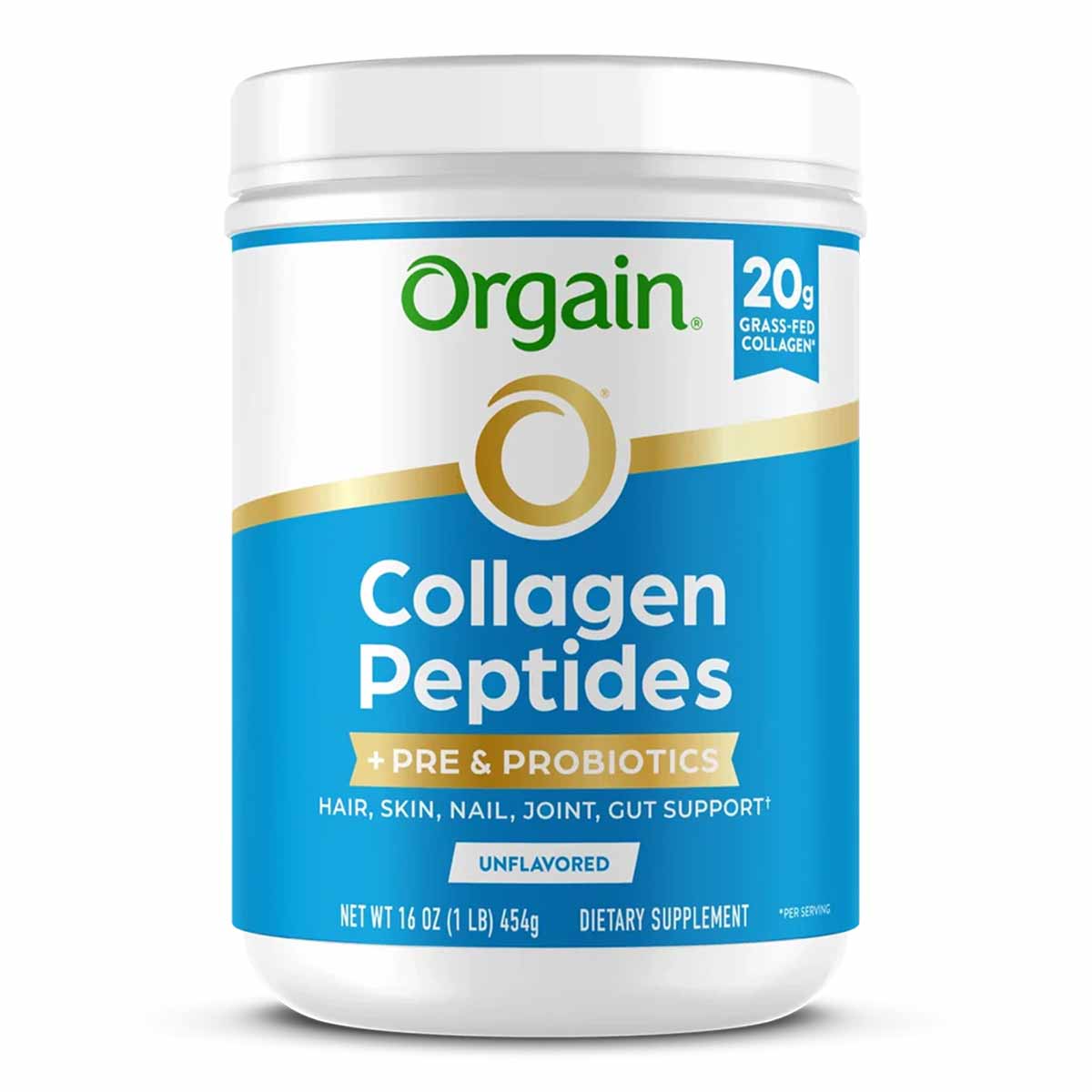 Orgain Collagen Peptides + Pre & Probiotics powder in white container with blue label, 16 oz.