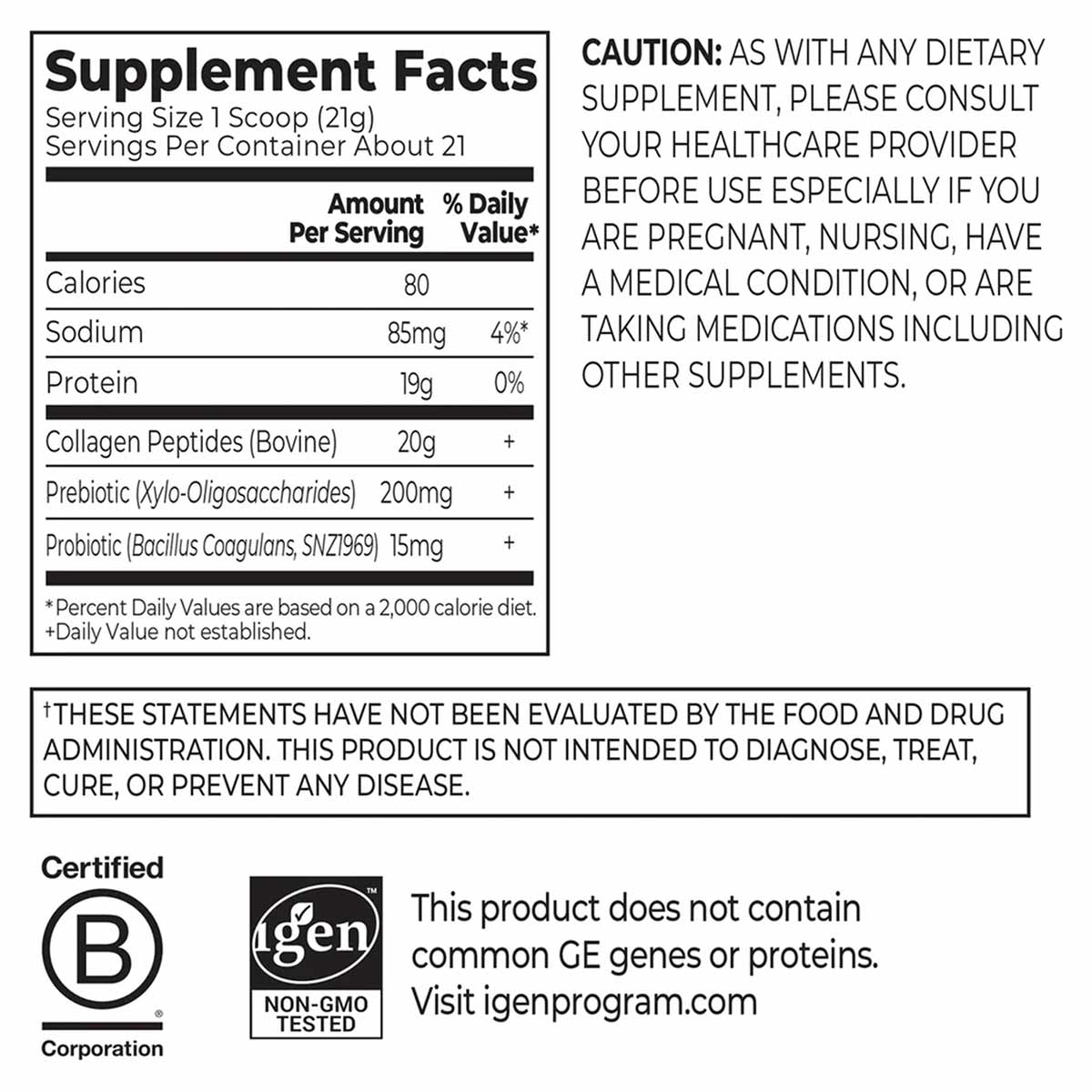 Supplement Facts label showing collagen peptides, pre and probiotics powder nutritional information with serving size, calori