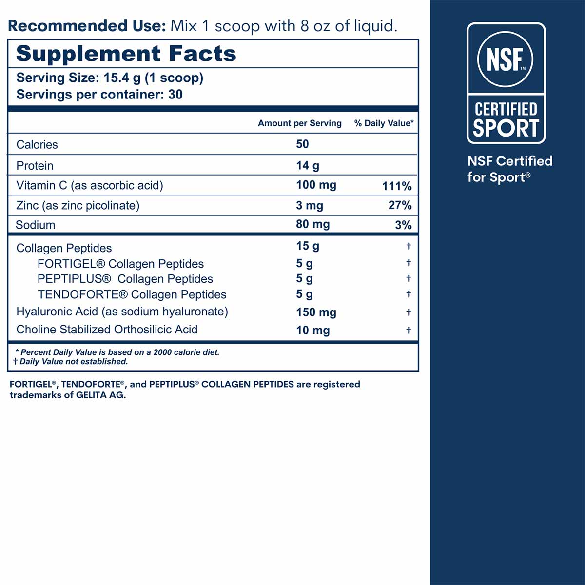 Supplement Facts label showing 15g collagen peptides per serving with vitamin C, zinc, hyaluronic acid, and NSF Certified for
