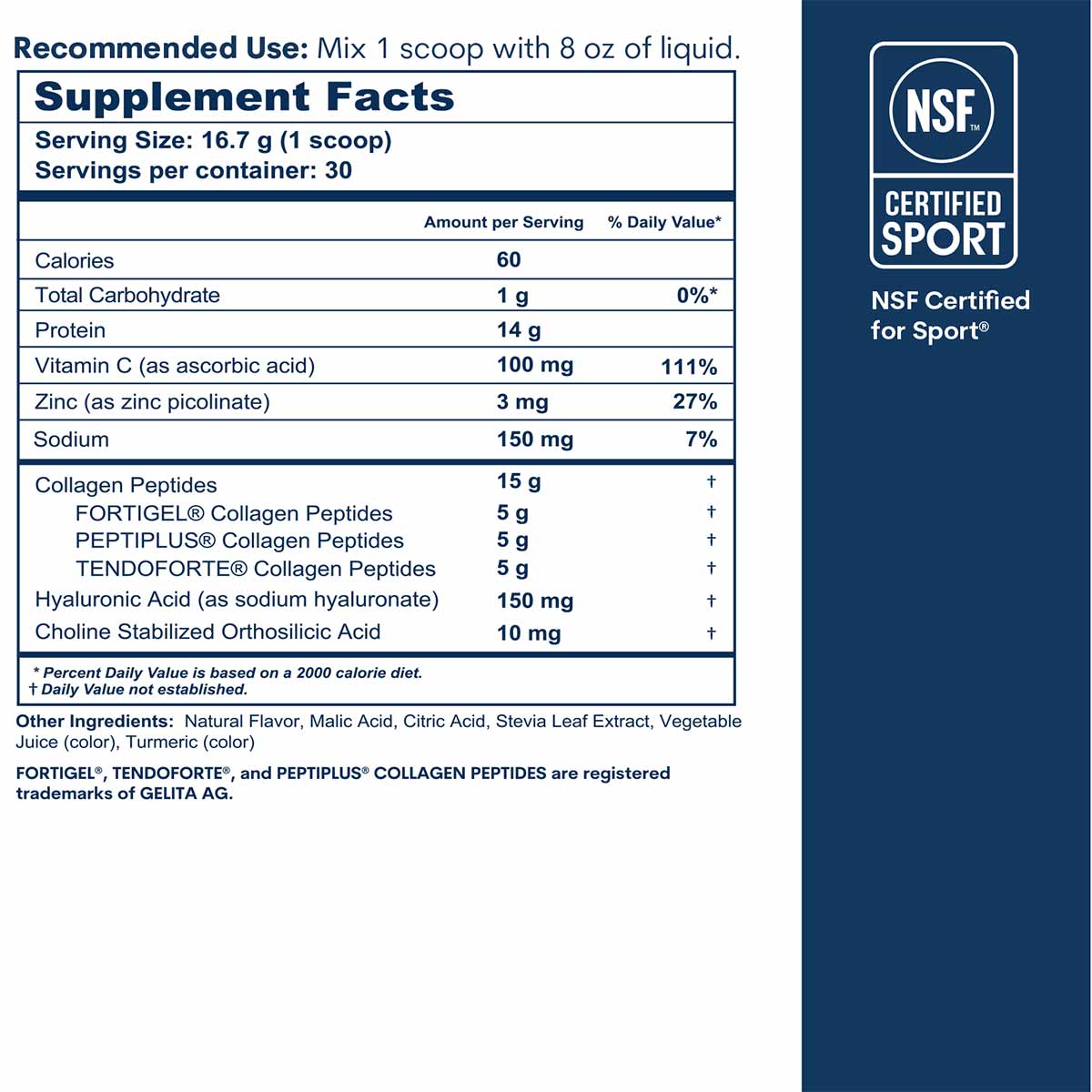 Supplement facts label for collagen peptides powder showing nutrition information and NSF Certified for Sport badge.