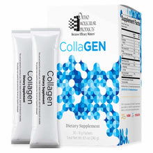 Ortho Molecular Products CollaGEN collagen powder stick packs in white sachets with blue geometric pattern packaging and supp