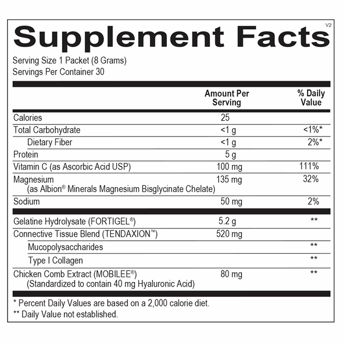 Supplement Facts label showing nutrition information for collagen powder stick packs with 30 servings per container.