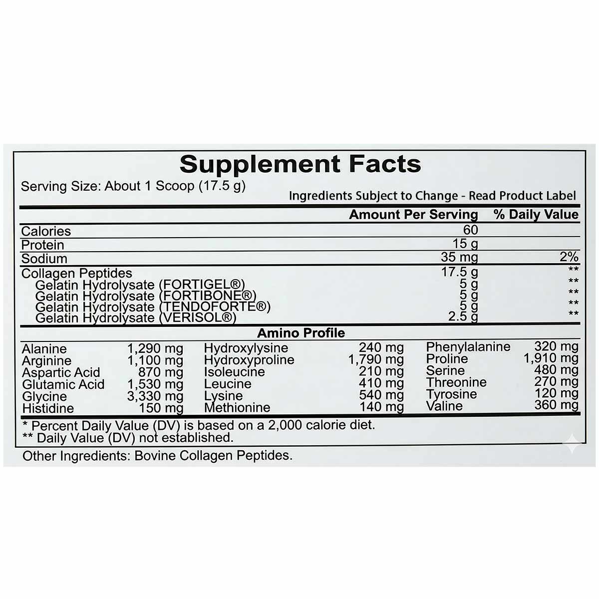 Supplement Facts label for Collagen Renew powder showing serving size, nutritional content, collagen peptide sources, and ami