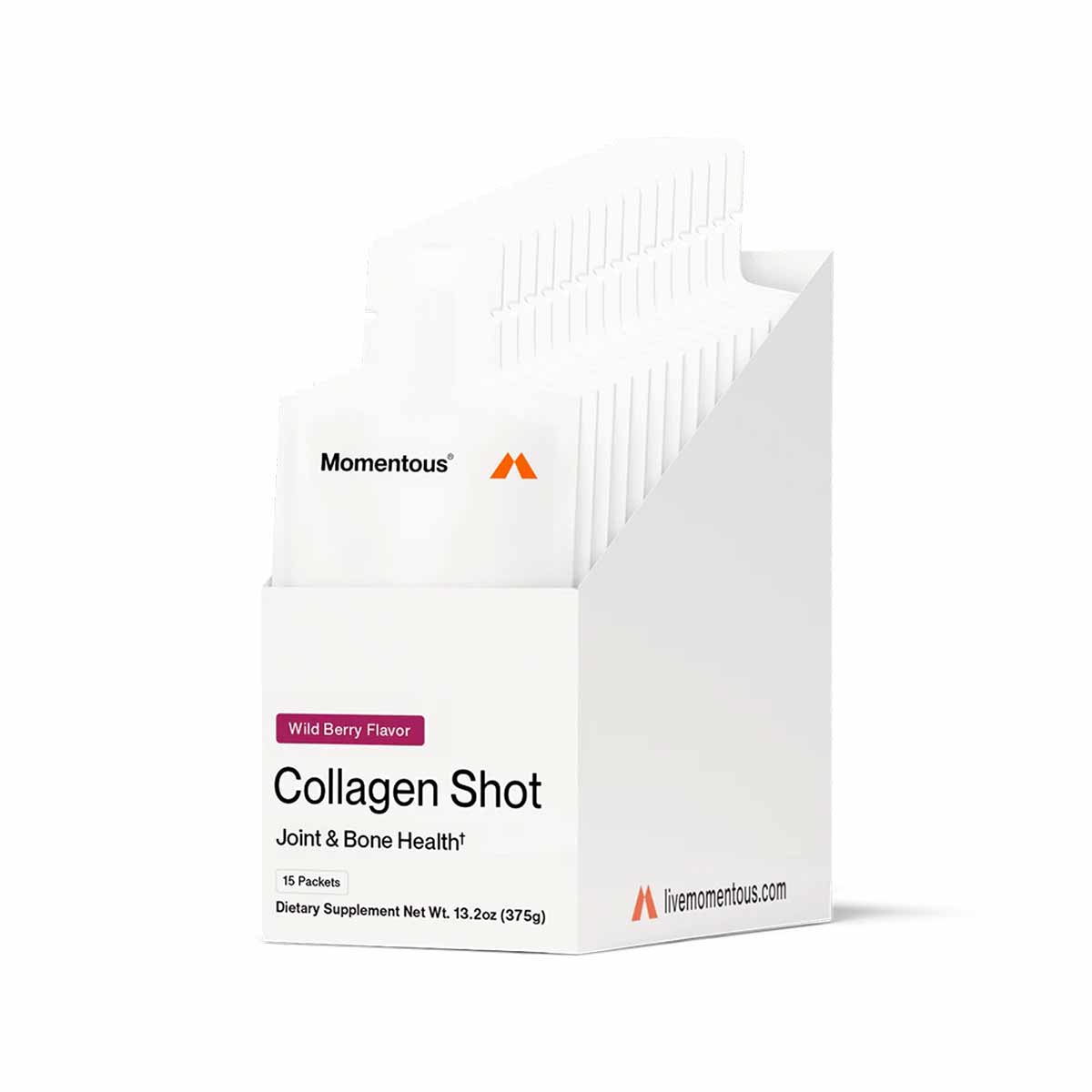 White box of Momentous Collagen Shot dietary supplement in Wild Berry flavor containing 15 packets.