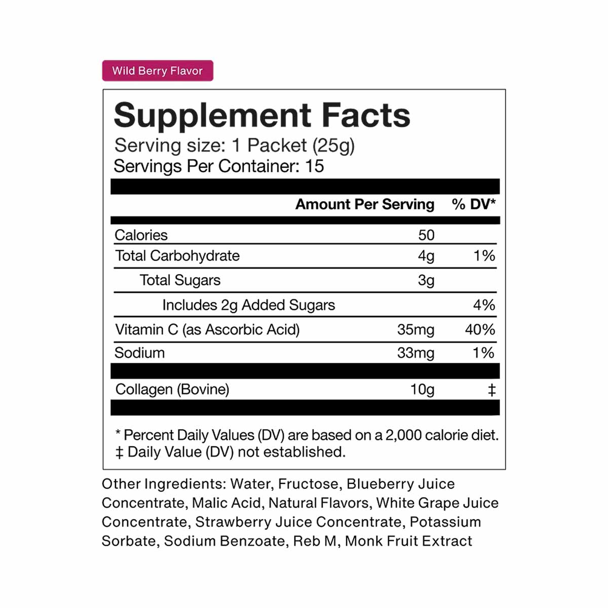 Supplement facts label for Wild Berry Flavor collagen shot showing 10g bovine collagen per 25g packet serving.