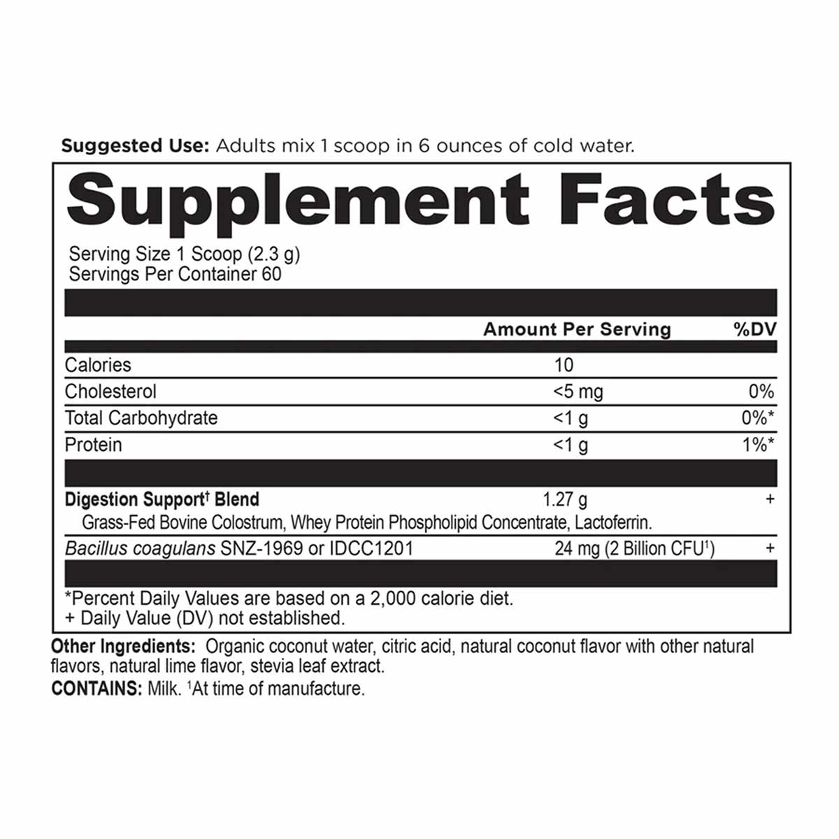 Supplement Facts label showing serving size, nutritional information, and ingredients for colostrum powder by Ancient Nutriti