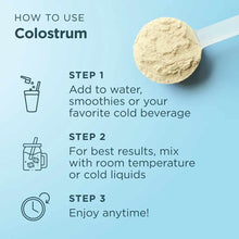 Cream-colored colostrum powder on a spoon with usage instructions on light blue background.