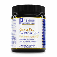Black jar with white and gold label for Premier Research Labs Grassfed Colostrum-IgG powder, 4 oz dietary supplement.