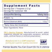 Supplement Facts label for Colostrum-IgG Powder showing serving size, protein content, and bovine colostrum milk ingredient w