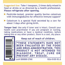 White powder supplement container label showing usage instructions, ingredients information, barcode, and FDA disclaimer text