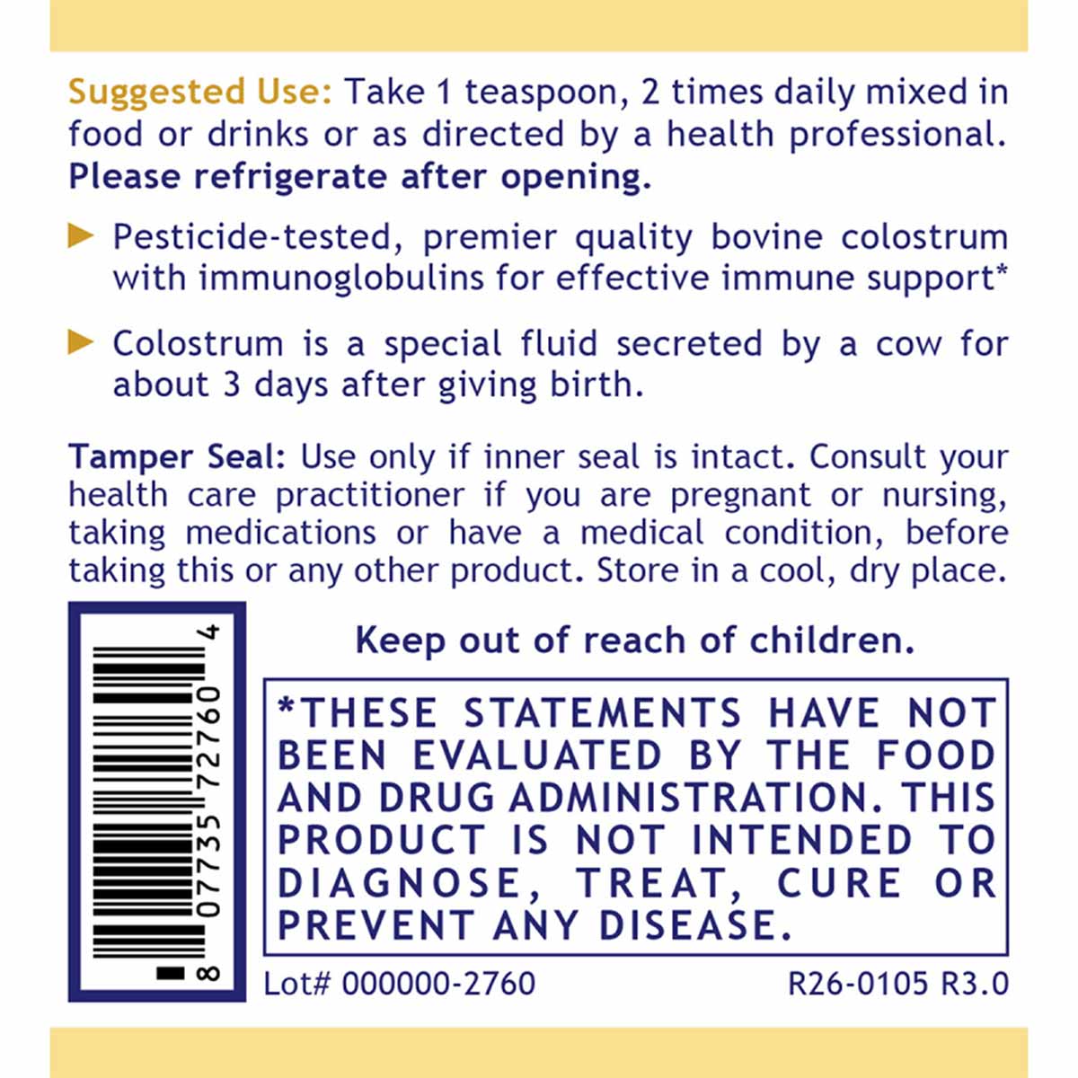 White powder supplement container label showing usage instructions, ingredients information, barcode, and FDA disclaimer text