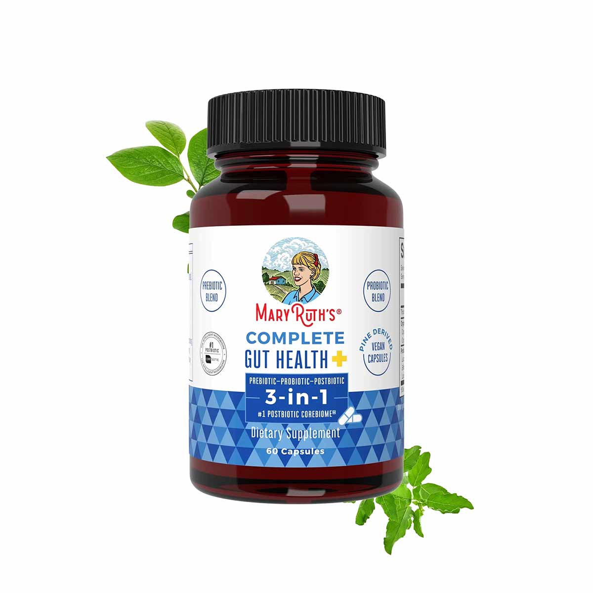 Dark amber glass bottle of MaryRuth's Complete Gut Health+ dietary supplement with black screw cap and white label, 60 capsul