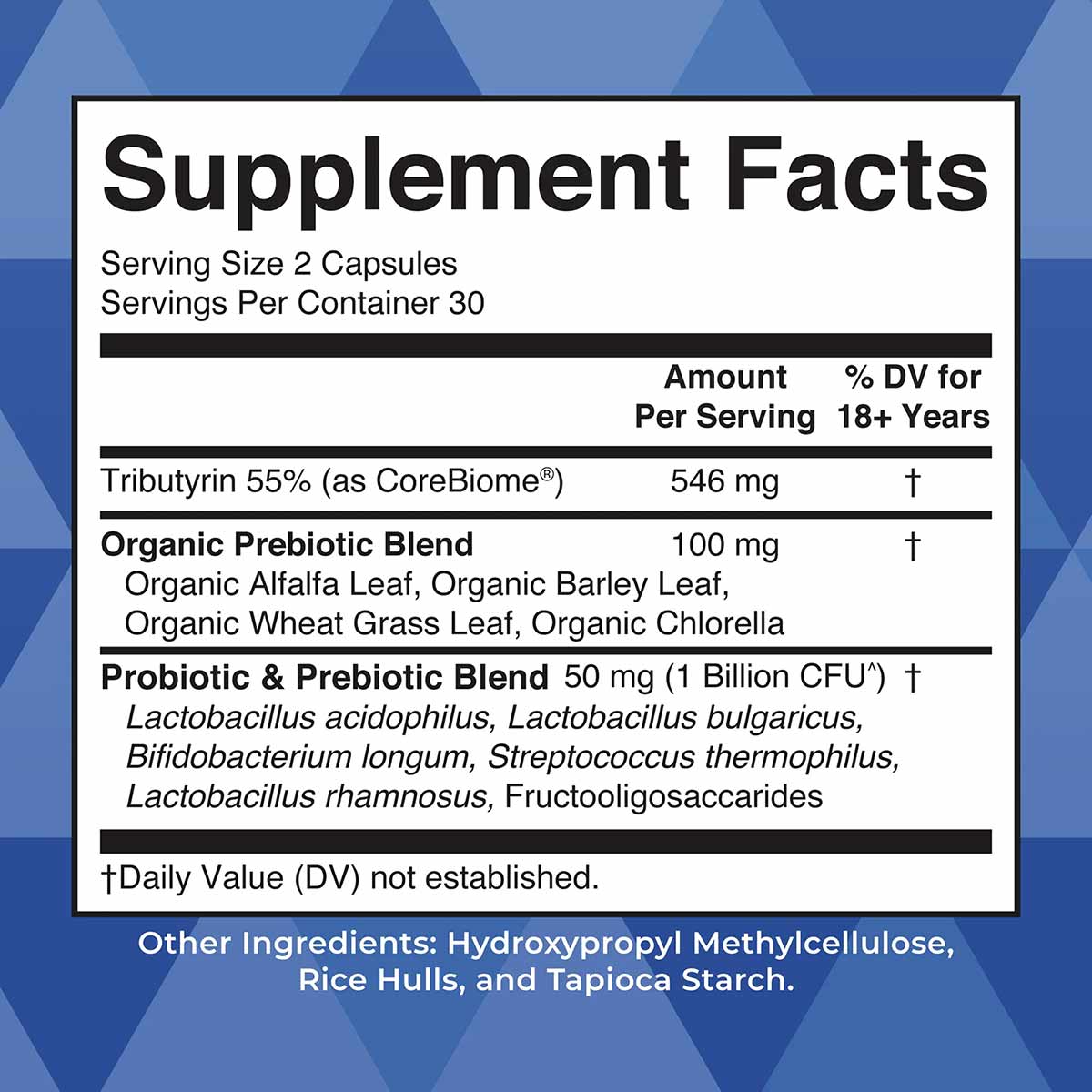 Supplement Facts label for Complete Gut Health+ showing serving size of 2 capsules with tributyrin, prebiotic blend, and prob
