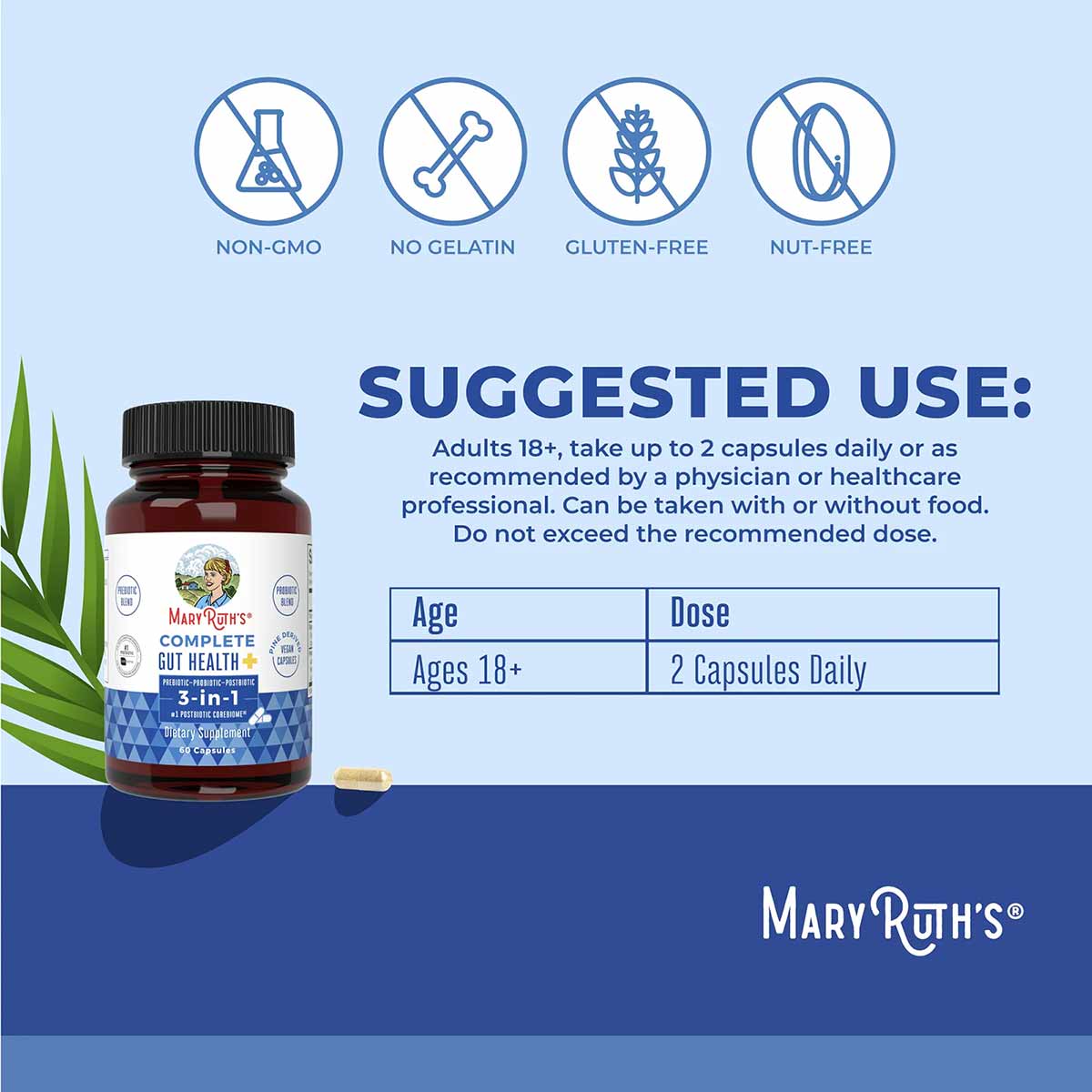 Dark amber bottle of MaryRuth's Complete Gut Health+ capsules with certification icons and dosage instructions displayed on b