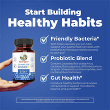 Brown bottle of Complete Gut Health+ capsules held in hand against blue background with product information.