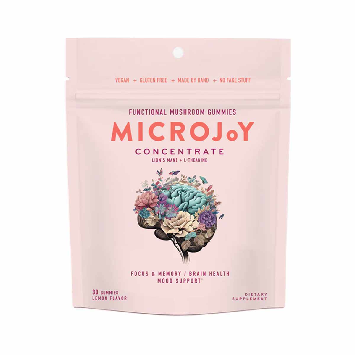MicroJoy Concentrate functional mushroom gummies package in pink with brain illustration and lemon flavor label.