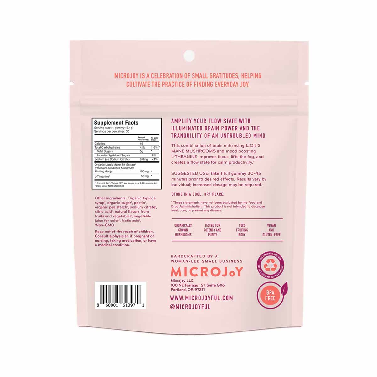 Pink MicroJoy gummy supplement pouch with supplement facts label, ingredient list, and product information visible on back.