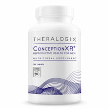 White bottle of Theralogix ConceptionXR Reproductive Health For Men nutritional supplement containing 180 tablets with NSF ce