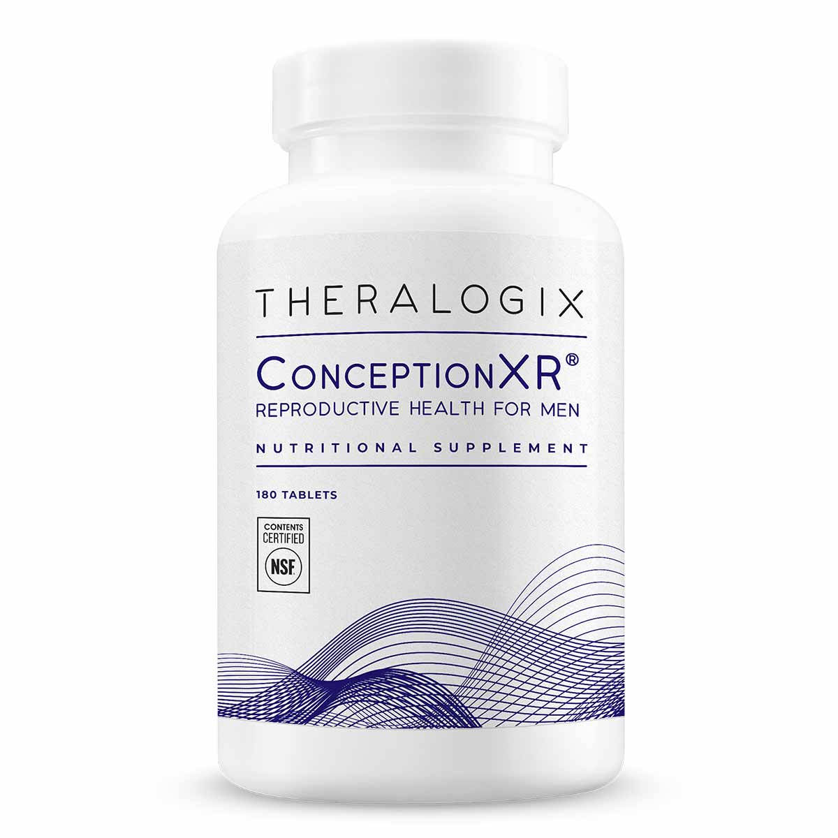 White bottle of Theralogix ConceptionXR Reproductive Health For Men nutritional supplement containing 180 tablets with NSF ce