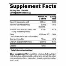 Supplement Facts label showing serving size of 2 tablets with vitamins C, D, E, folate, zinc, selenium, and lycopene.