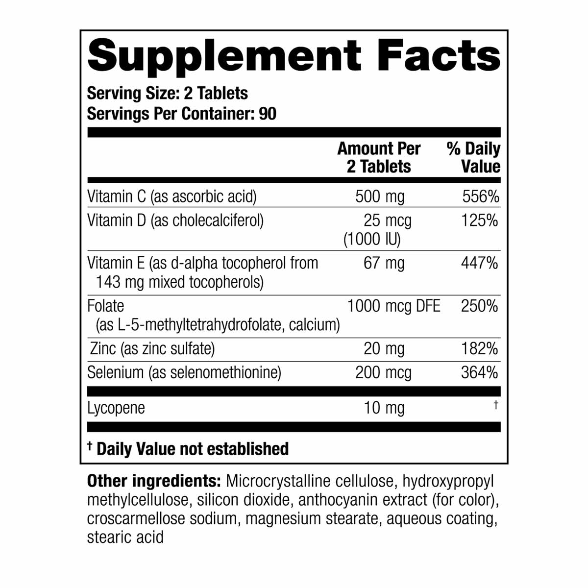 Supplement Facts label showing serving size of 2 tablets with vitamins C, D, E, folate, zinc, selenium, and lycopene.