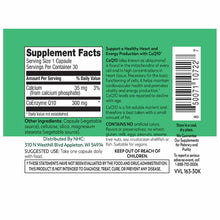 CoQ10 supplement label showing 300mg Coenzyme Q10 per capsule with supplement facts and product information on green backgrou