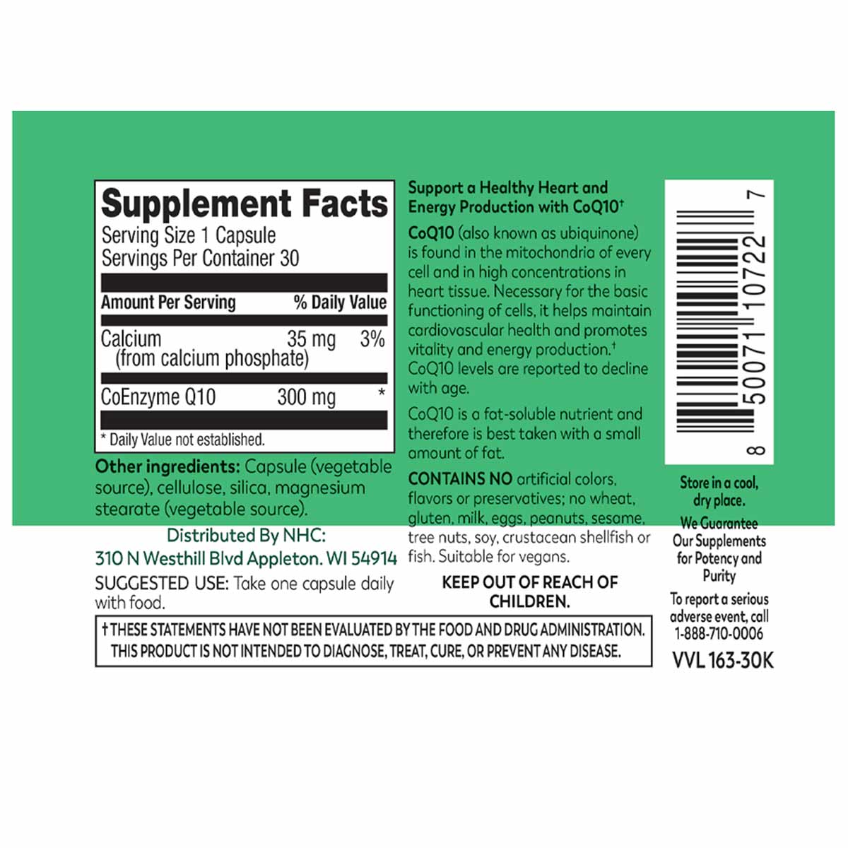 CoQ10 supplement label showing 300mg Coenzyme Q10 per capsule with supplement facts and product information on green backgrou