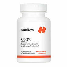 White NutriDyn CoQ10 100 mg bottle with white cap and red accent stripe, labeled "60 Softgels Dietary Supplement."