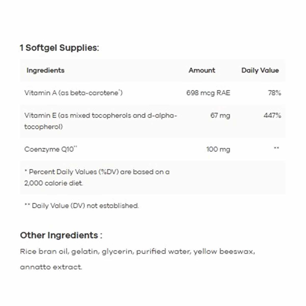 Supplement facts label showing CoQ10 100 mg per softgel with vitamin A and E ingredients and daily value percentages.
