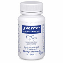 White bottle of Pure Encapsulations CoQ10 120 mg dietary supplement containing 30 capsules with blue label.