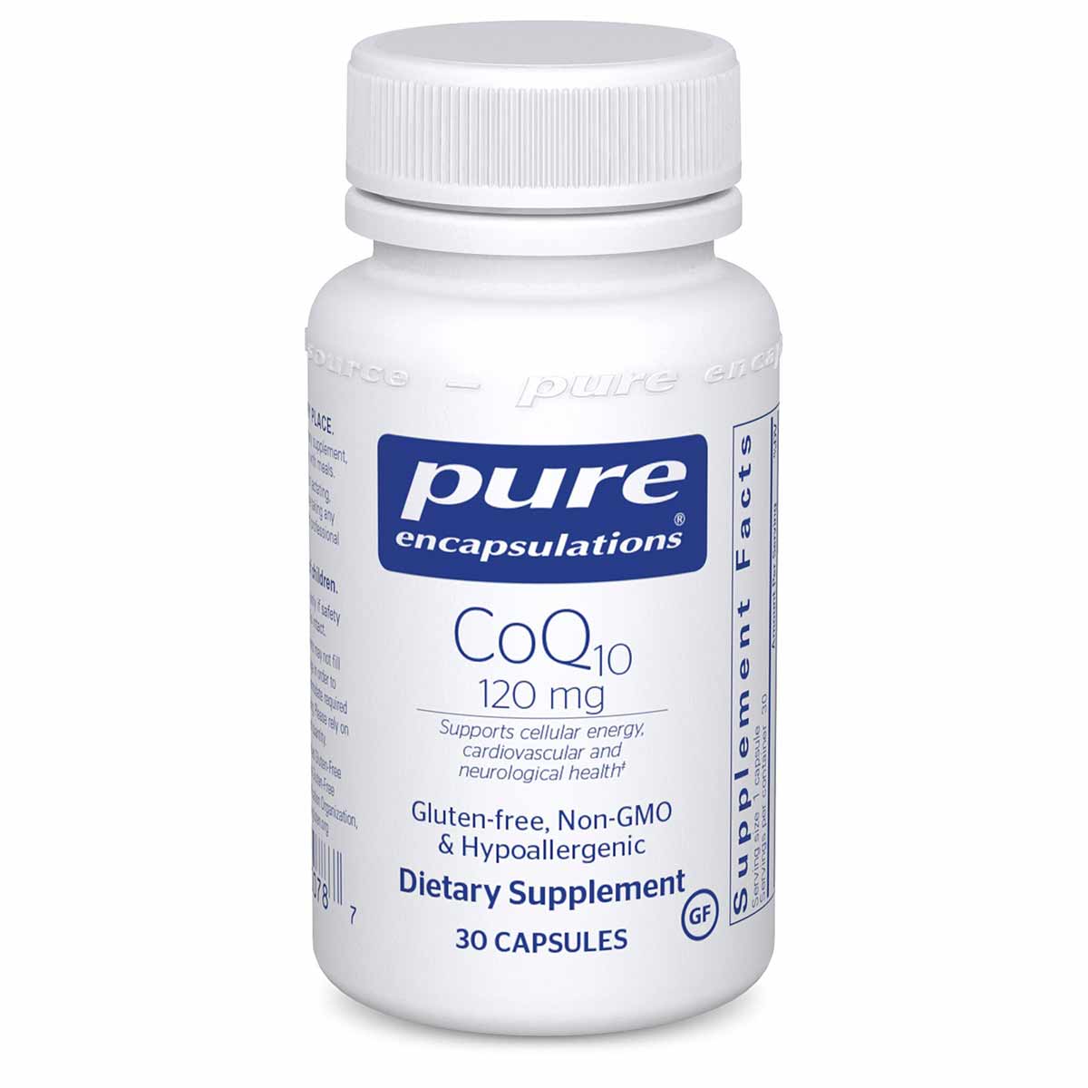 White bottle of Pure Encapsulations CoQ10 120 mg dietary supplement containing 30 capsules with blue label.