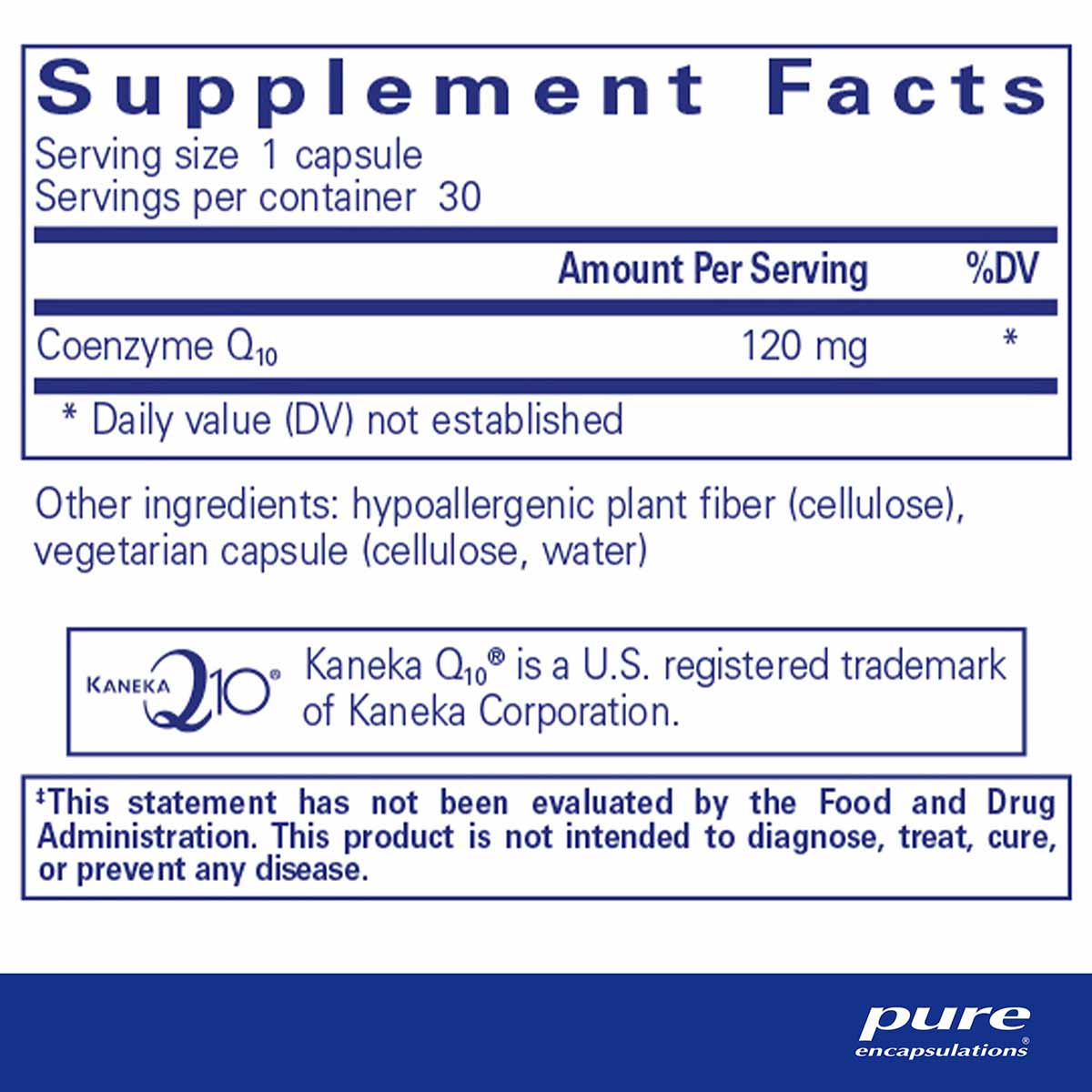 Supplement Facts label for CoQ10 120 mg capsules by Pure Encapsulations with serving information and ingredients.