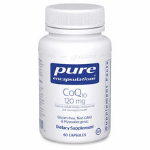 White bottle of Pure Encapsulations CoQ10 120 mg dietary supplement with white cap, containing 60 capsules.