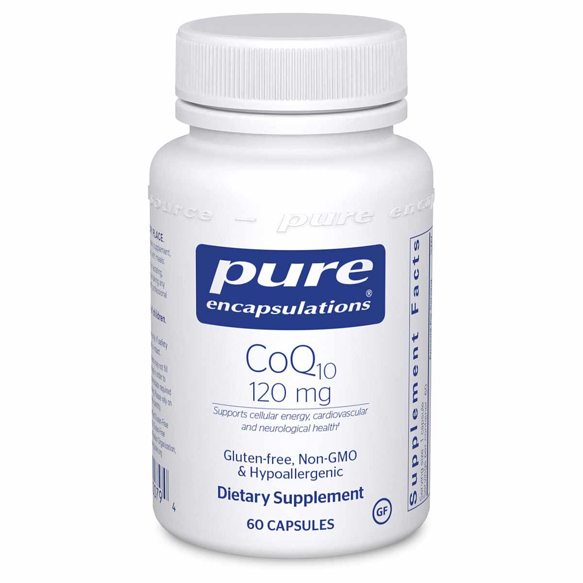 White bottle of Pure Encapsulations CoQ10 120 mg dietary supplement with white cap, containing 60 capsules.