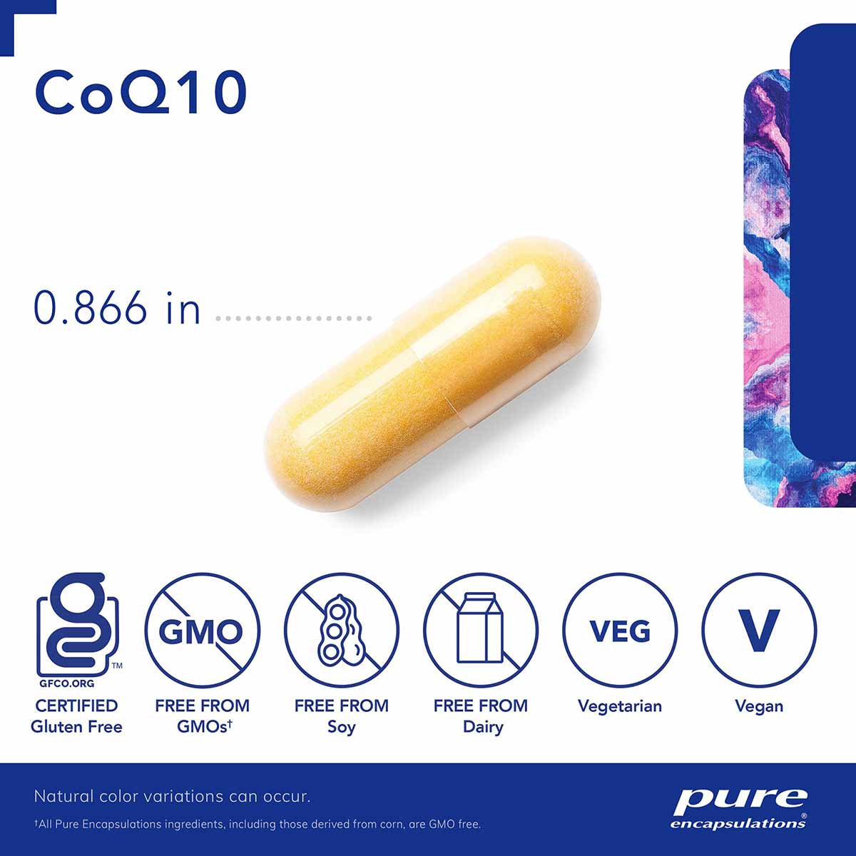 Yellow CoQ10 capsule with 0.866 inch size measurement and certification badges for gluten-free, GMO-free, soy-free, dairy-fre
