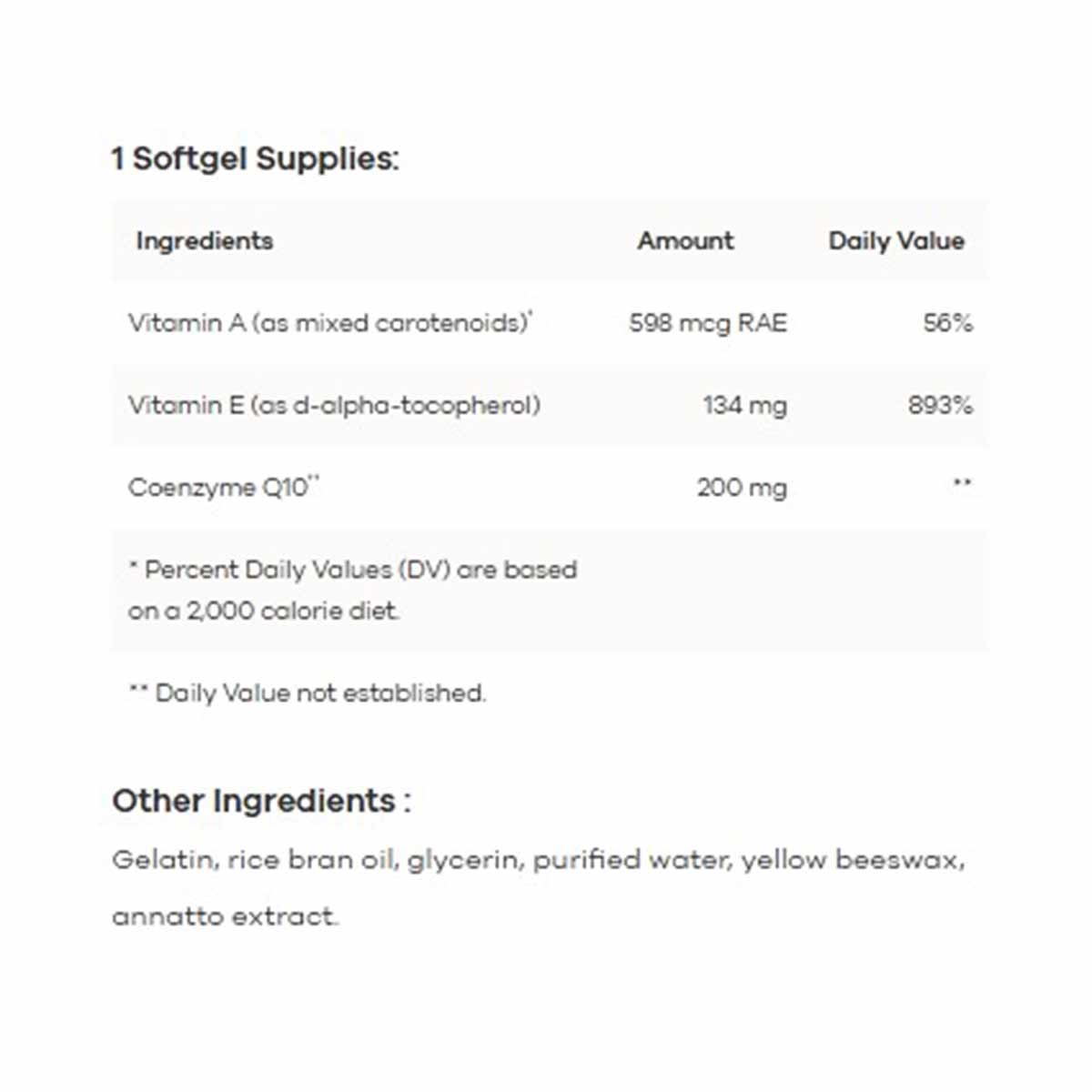 Nutrition facts label for CoQ10 200 mg softgel supplement showing ingredients and daily values per serving.
