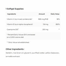 Nutrition label for CoQ10 200 mg softgel supplement listing ingredients including Vitamin A, Vitamin E, and Coenzyme Q10.