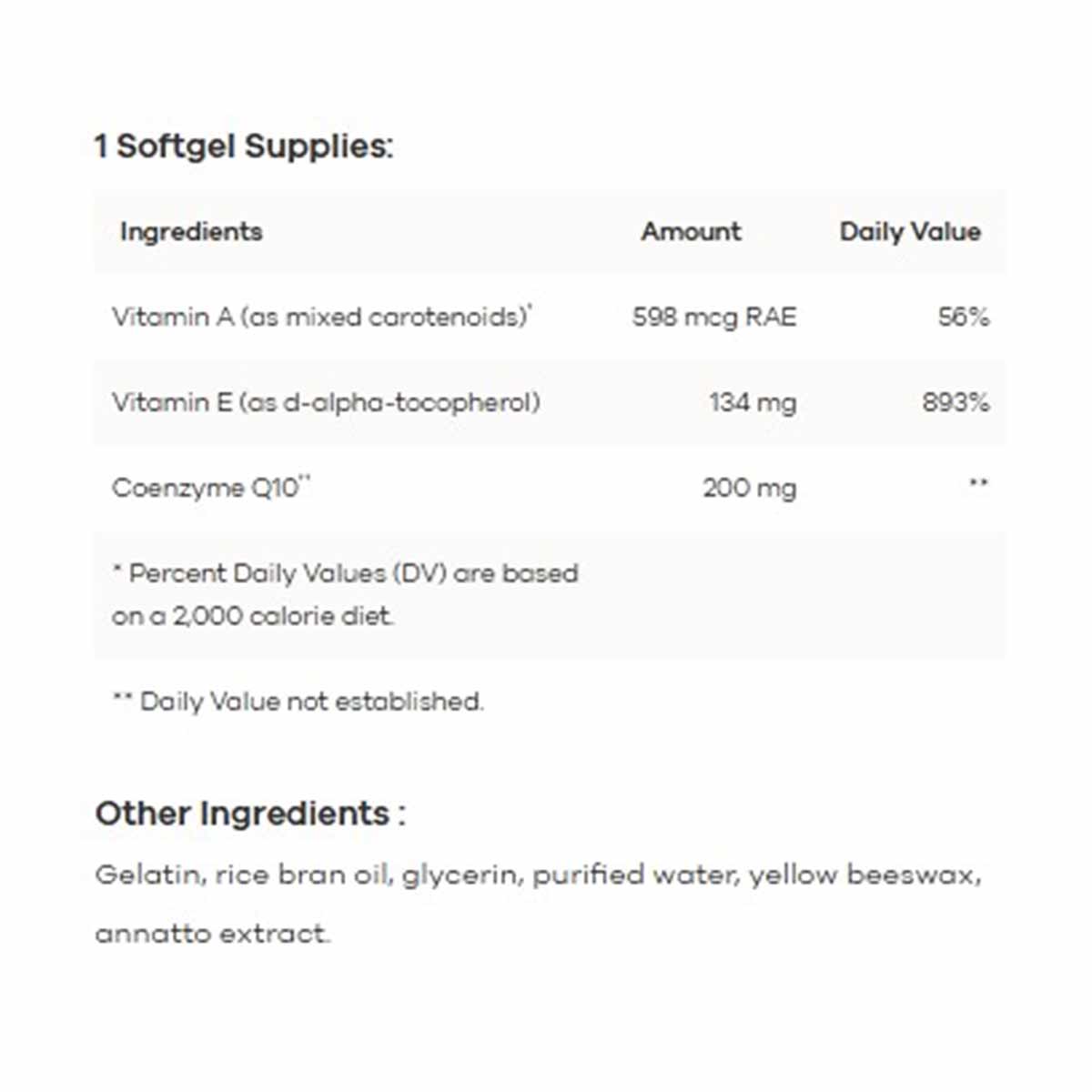 Nutrition label for CoQ10 200 mg softgel supplement listing ingredients including Vitamin A, Vitamin E, and Coenzyme Q10.