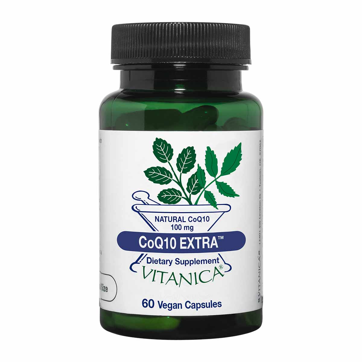 Dark green glass bottle with black screw cap containing Vitanica CoQ10 Extra supplement, 100 mg, 60 vegan capsules.